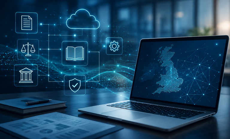 Concept image illustrating the FCA Handbook API with digital compliance technology, regulatory data and RegTech solutions.